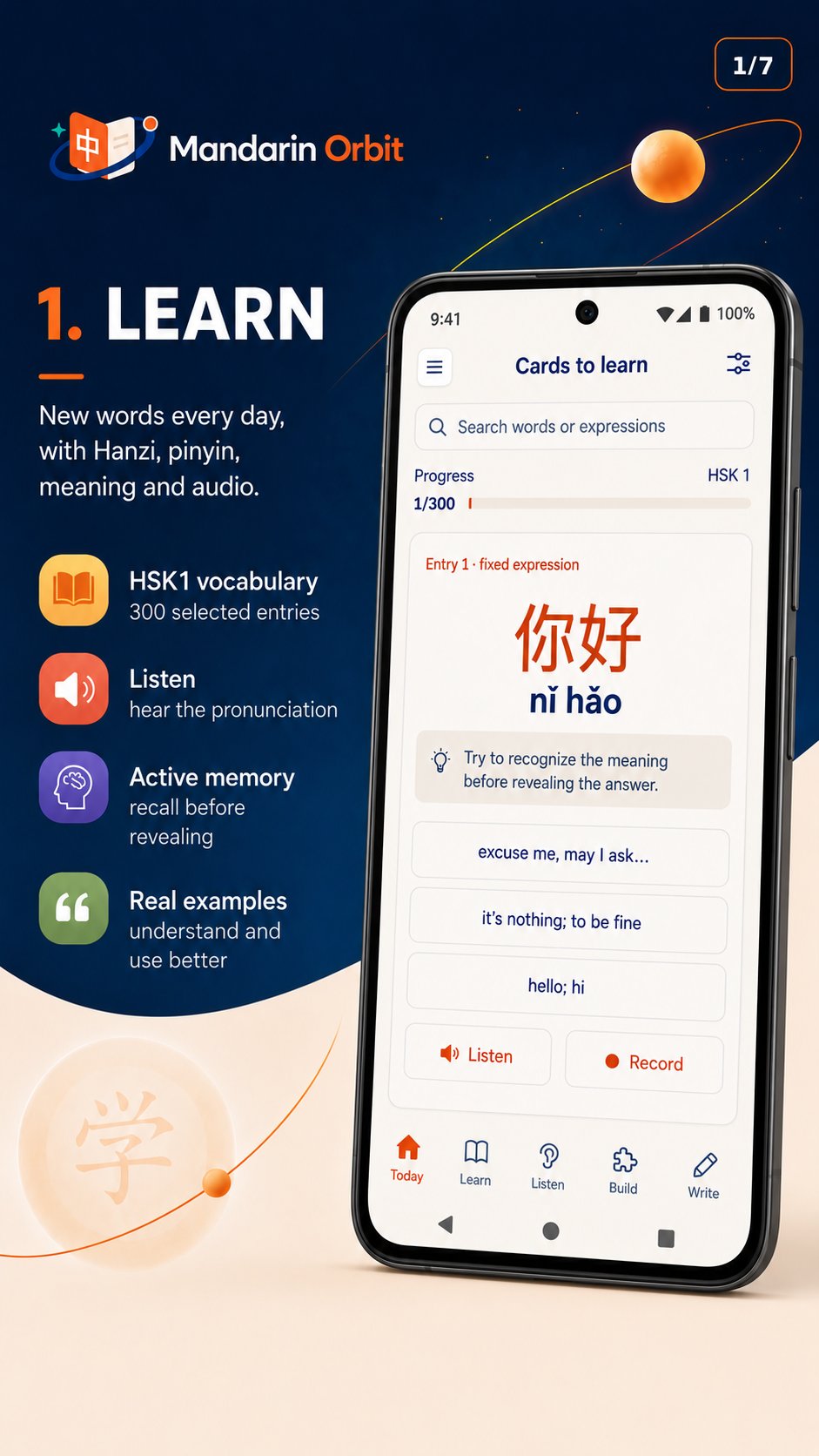 Learn: cards with Hanzi, Pinyin, meaning, pronunciation and examples