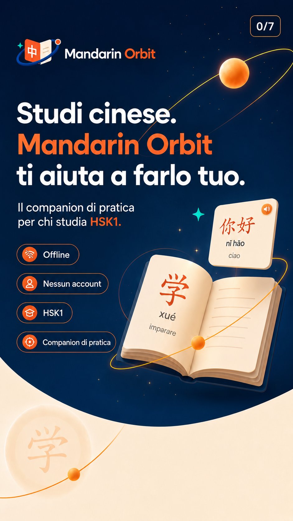 Mandarin Orbit: companion di pratica per HSK 1, offline e senza account
