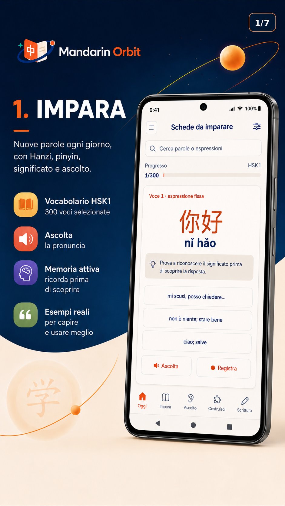 Impara: schede con Hanzi, Pinyin, significato, pronuncia ed esempi