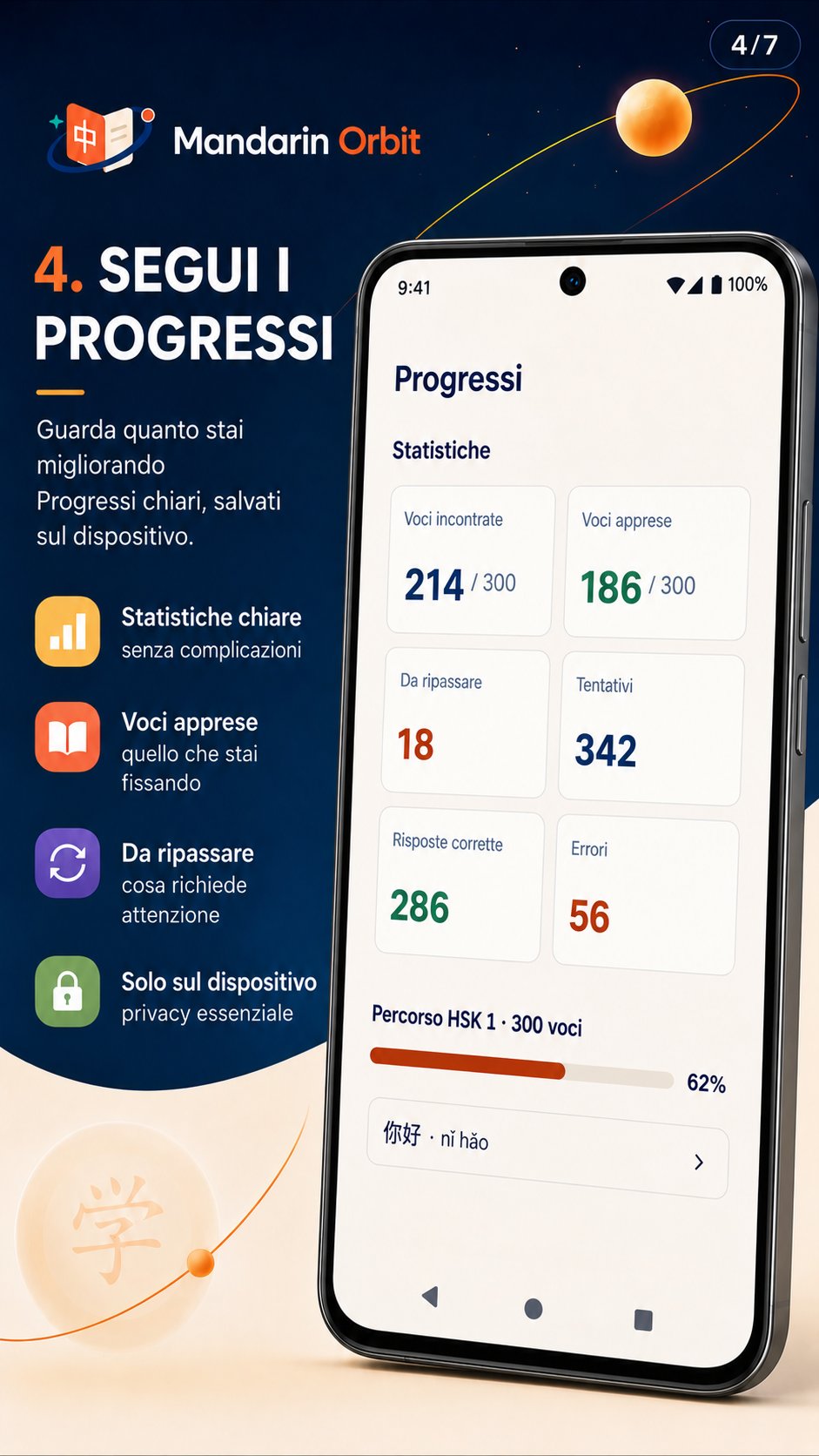 Segui i progressi: statistiche, voci apprese, ripasso e tentativi